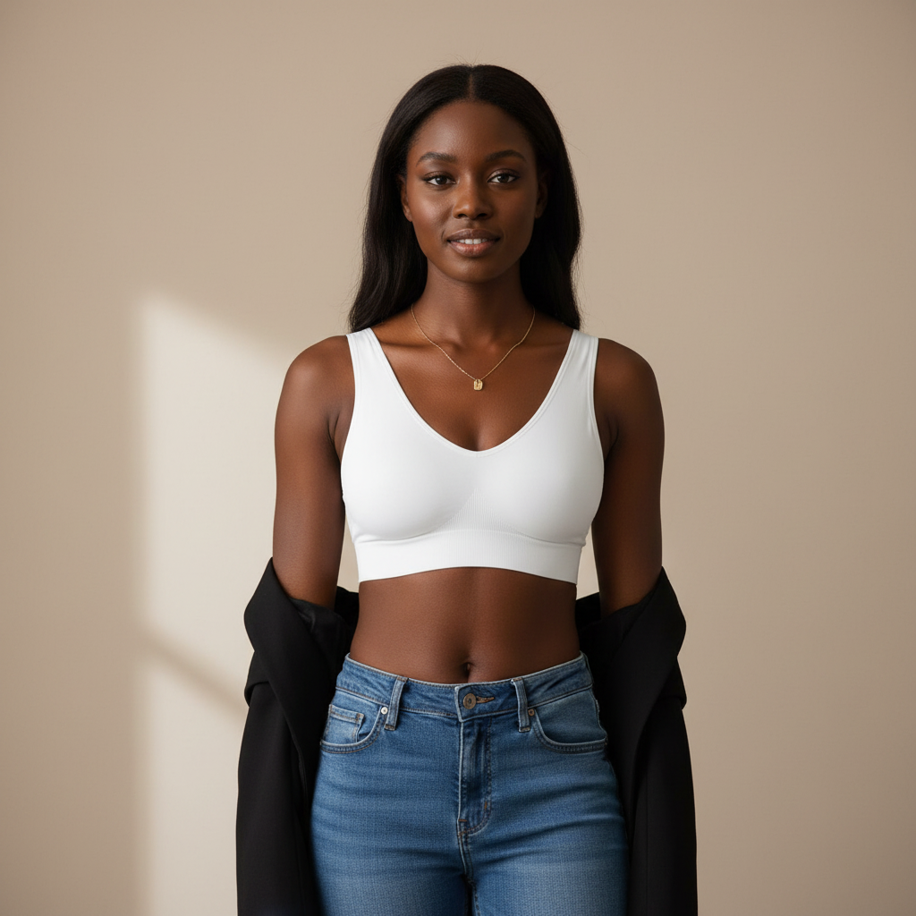 Modèle vue de face - soutien-gorge blanc avec veste noire