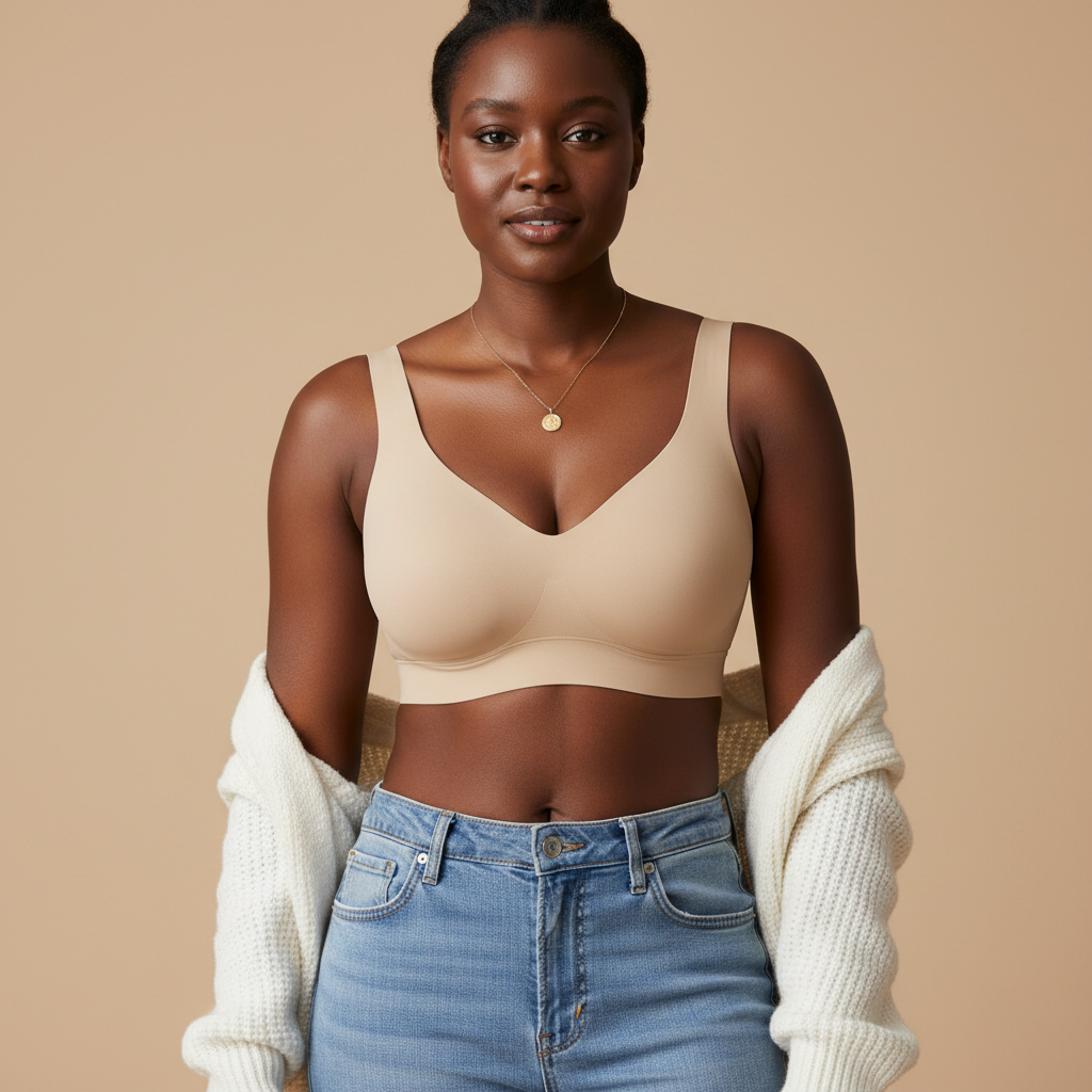 Vue de face - soutien-gorge beige avec cardigan blanc