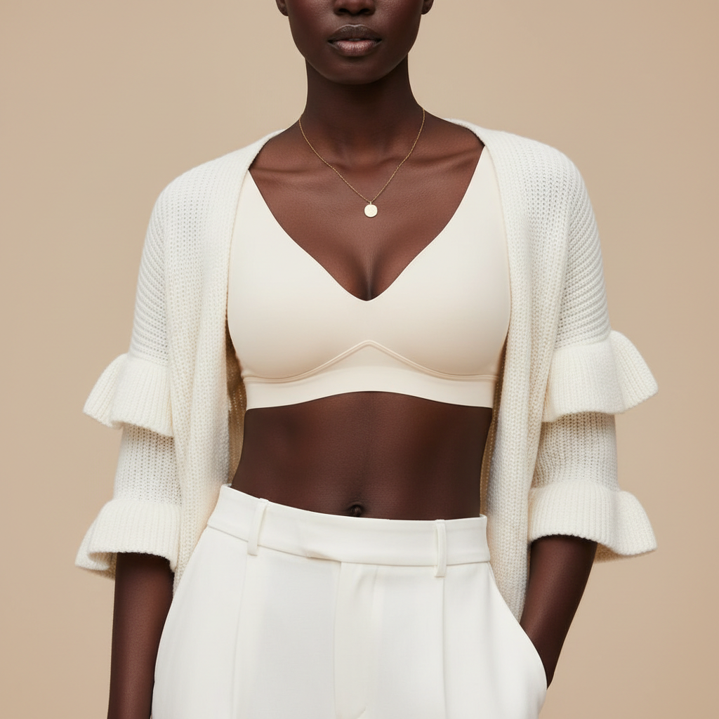 Vue de face - soutien-gorge blanc avec cardigan à volants